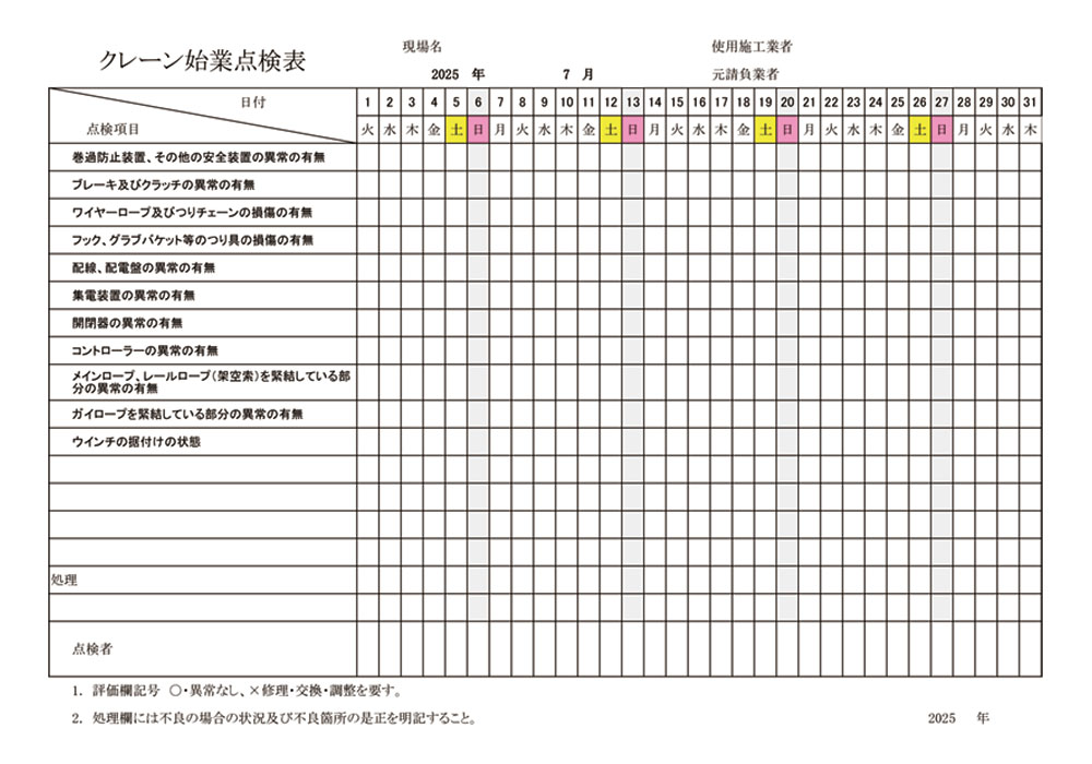 天井クレーン点検チェックリスト｜日常・月次・年次点検を一覧で解説